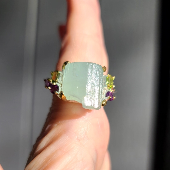 HUGE 30k Aquamarine RAW uncut w/Peridot & Amethyst Sterling &gold ring sz9 - Picture 7 of 9